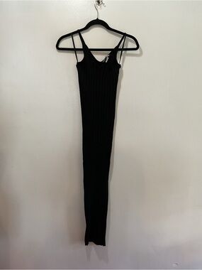 Classic Black Ribbed Maxi Slip Dress - Women's
